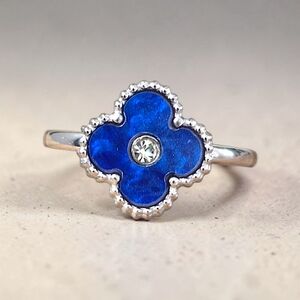 Elegant Blue Stainless Steel Clover Ring - Size 10